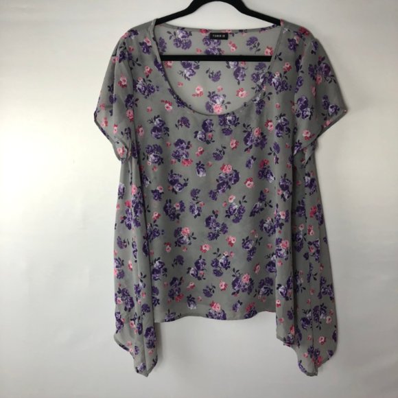 Torrid Grey & Purple Floral Sharkbite Chiffon SZ 1 - Picture 6 of 6